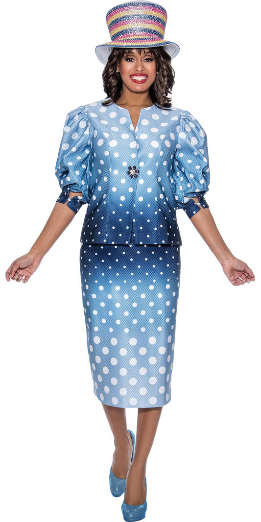 GMI G9032 - Blue Gradient Polka Dot Patterned Puff Sleeve Womens Church Suit