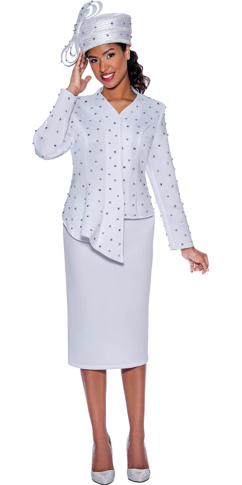 GMI G9052 - White 2PC Skirt Suit with Stud Embellishments