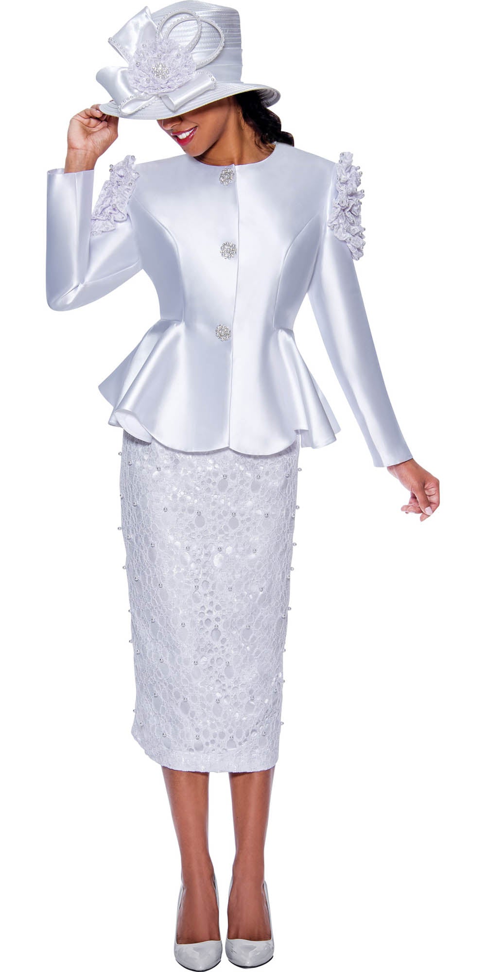 GMI G9172 - White 2PC Peplum Skirt Suit with Lace and Pearl Detailing