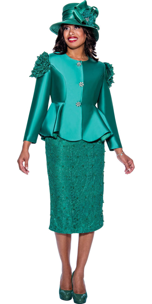 GMI G9172 - Emerald 2PC Peplum Skirt Suit with Lace and Pearl Detailing