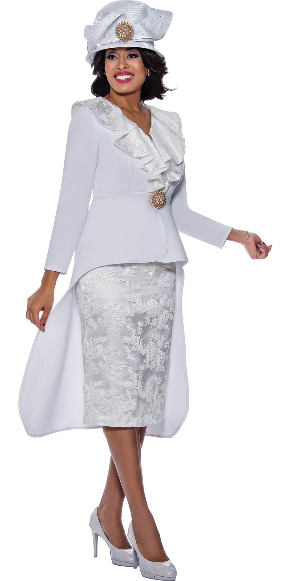 GMI G9182 - White 2PC High Low Skirt Suit with Lace