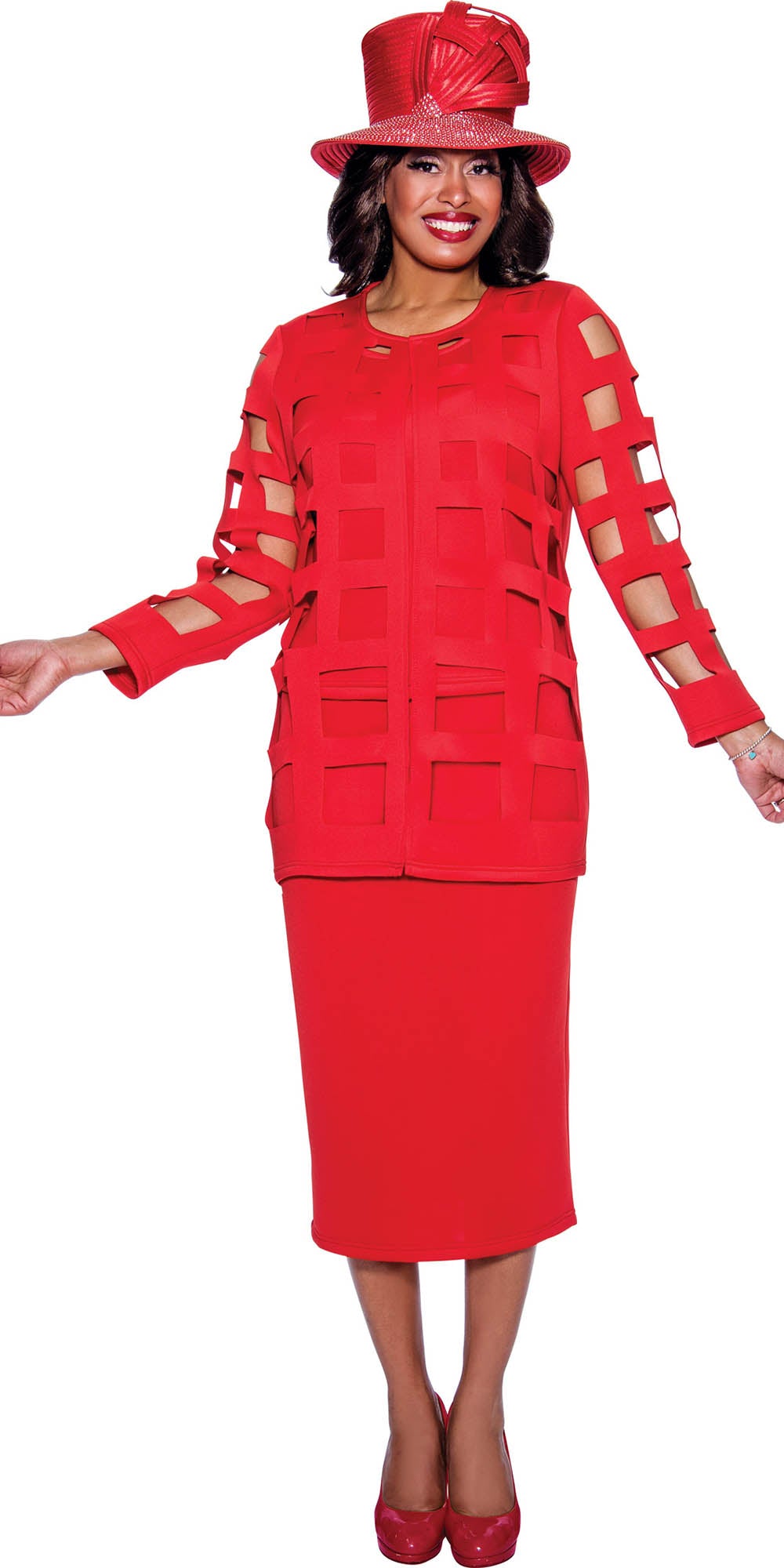 GMI G9203 - Red 3PC Skirt Suit with Lattice Cutout Styling