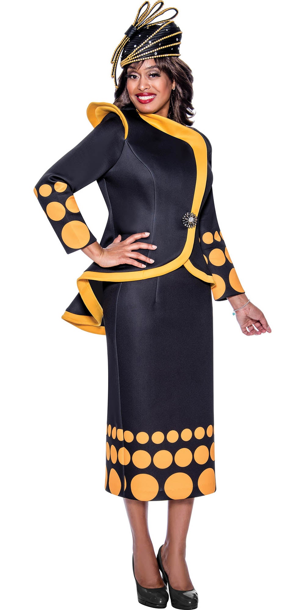 GMI G9222 - Black Gold 2PC High-Low Skirt Suit with Dot Trim
