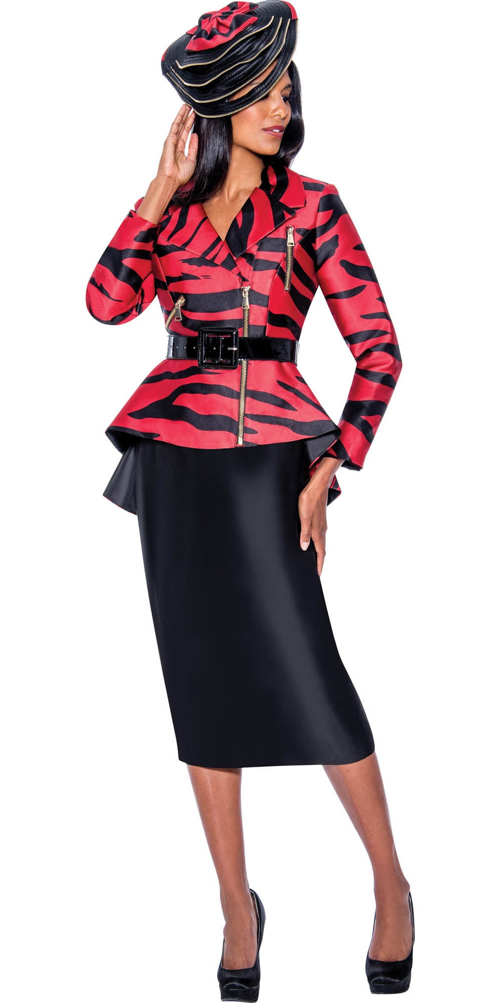 GMI G9242 - Red Black 2PC High-Low Animal Print Skirt Suit with Belt