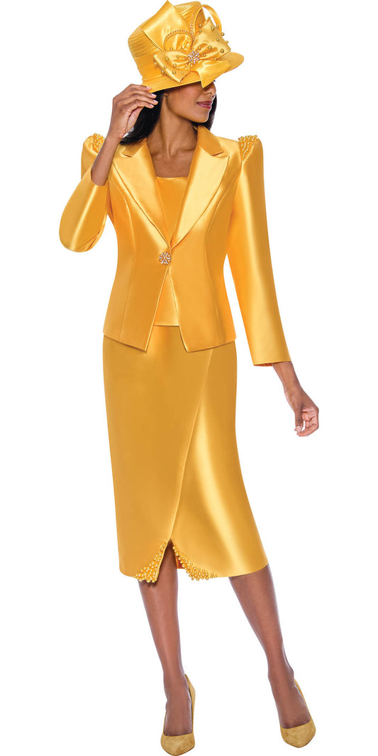 GMI G9263 - Gold 3PC Skirt Suit with Pearl Embellishments