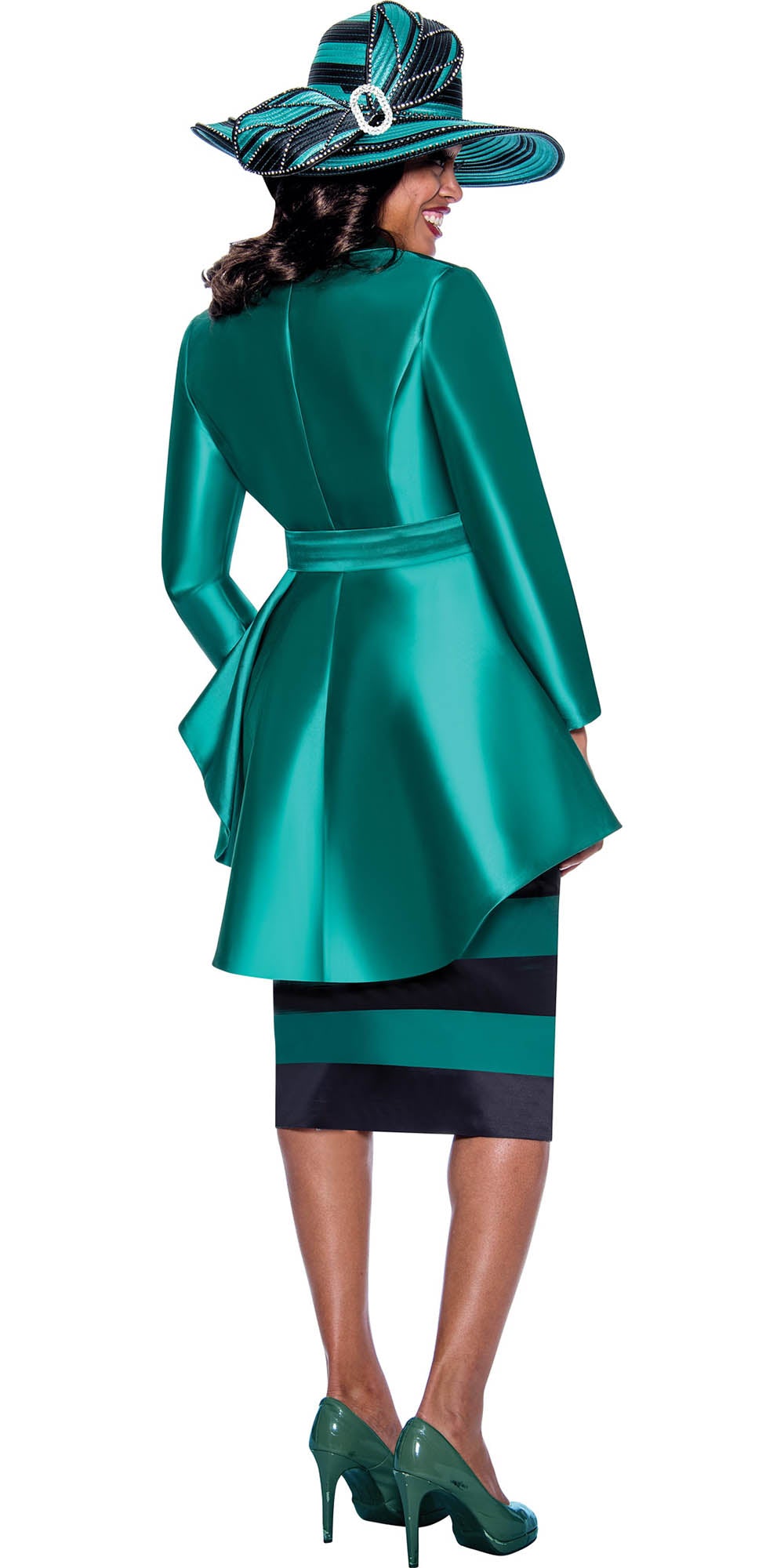 GMI G9312 - Emerald Black 2PC Striped High-Low Skirt Suit