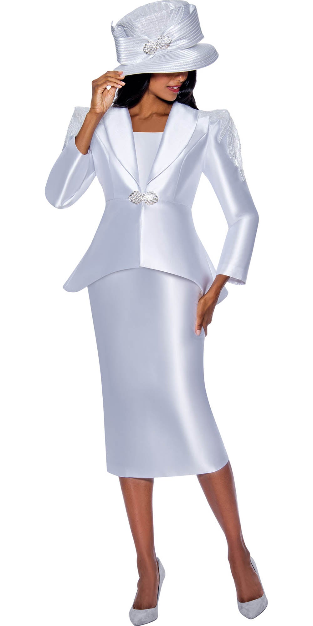 GMI G9462 - White 2PC Skirt Suit With Shoulder Embellishments