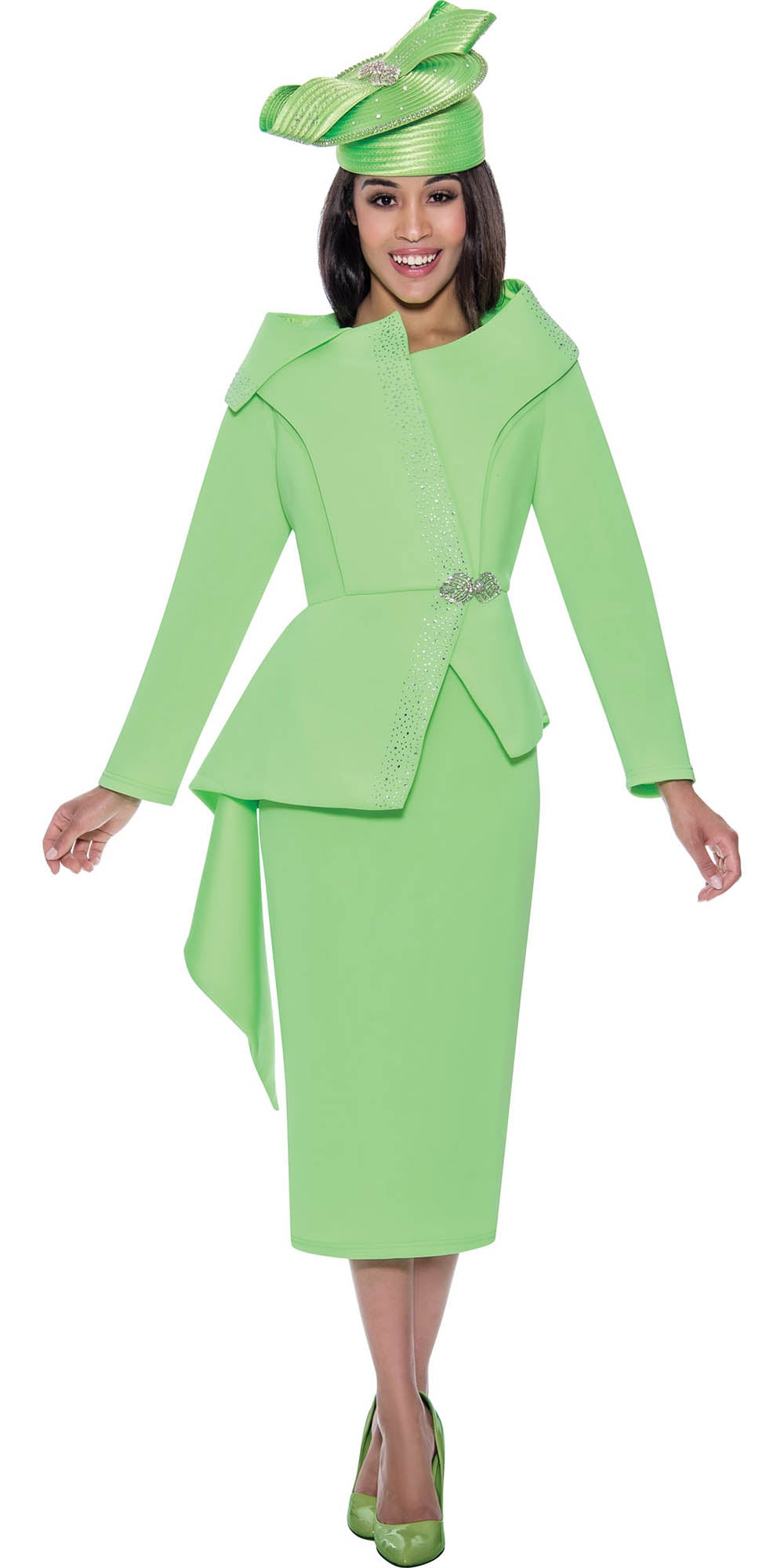 GMI G9652 - Lime 2PC Scuba Fabric Skirt Suit With Side Cascade