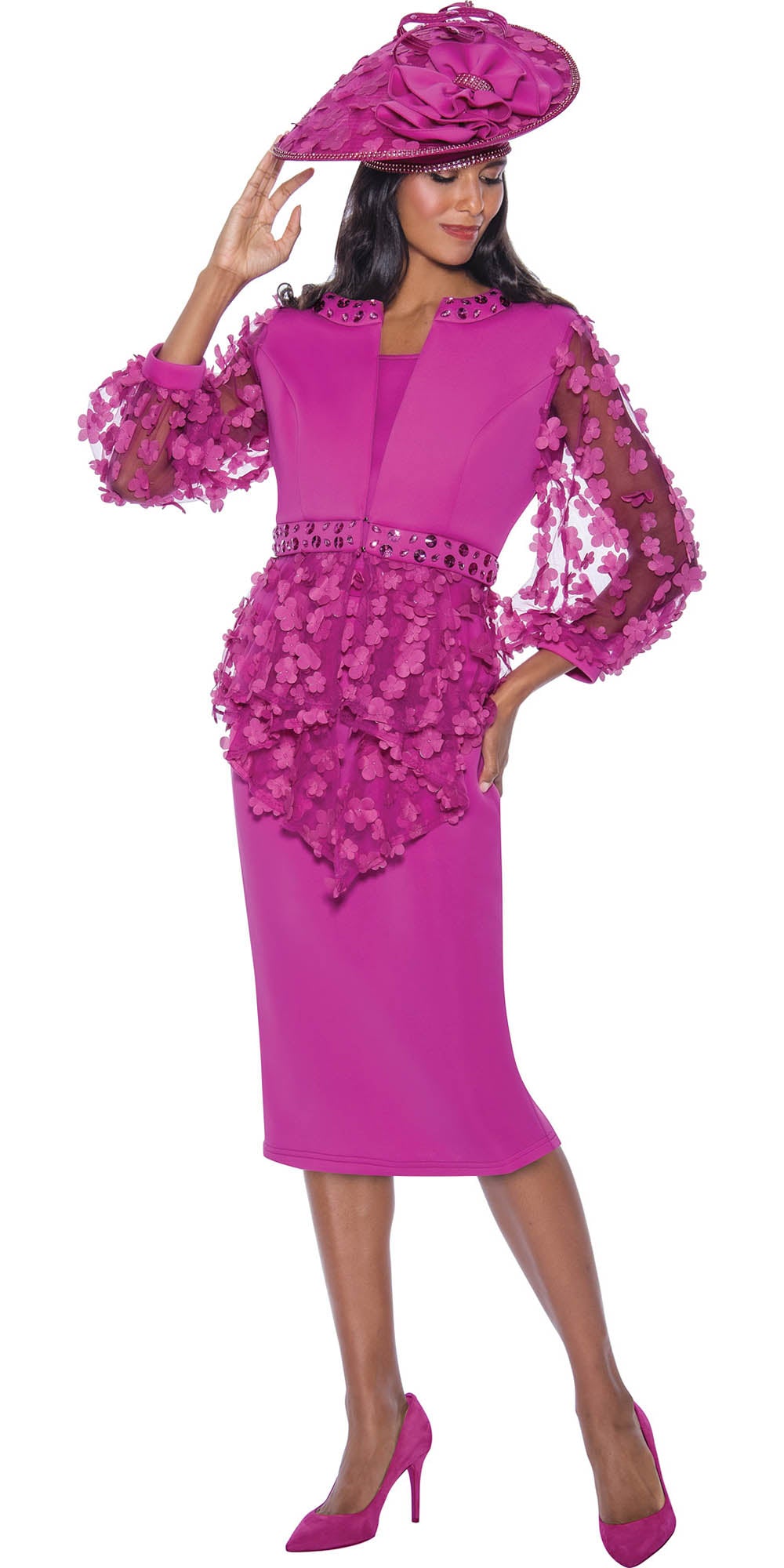 GMI G9673 - Amethyst Purple 3PC Scuba Fabric Skirt Suit With Mesh and Petals Detailing