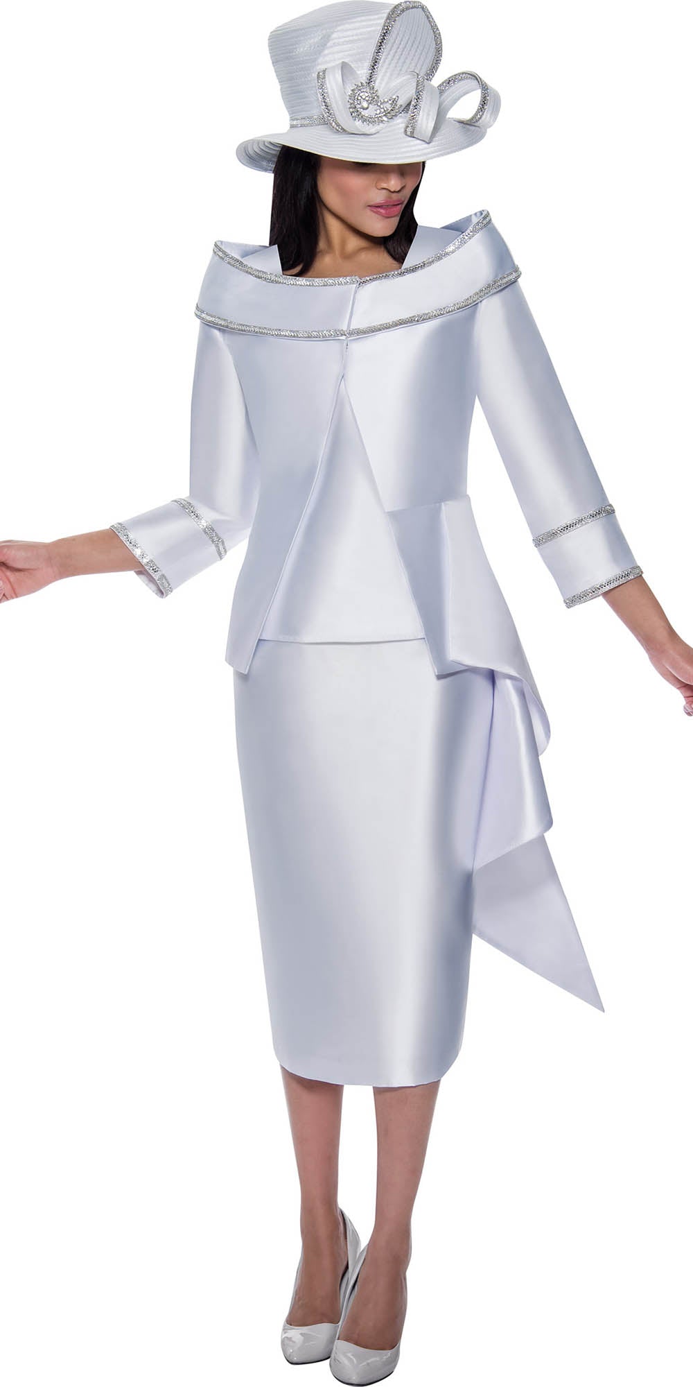 GMI G9683 - White 3PC Embellished Trim Skirt Suit with Side Cascade
