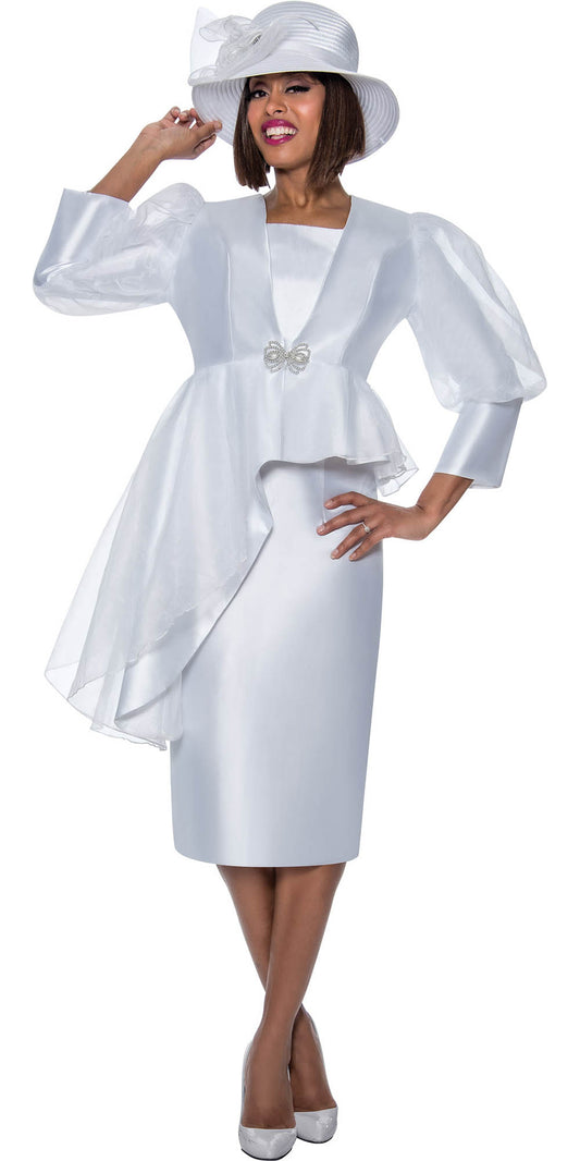 GMI G9762 - White 3PC Asymmetrical Skirt Suit Organza Overlay
