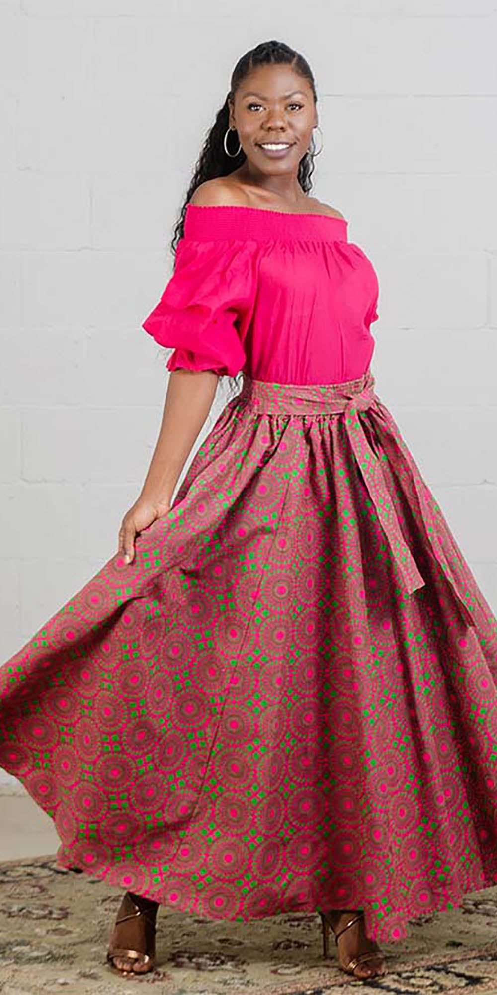 KaraChic 7001-522-Red/Pink - Womens African Print Maxi (Long) Skirt With Elastic Waist & Sash