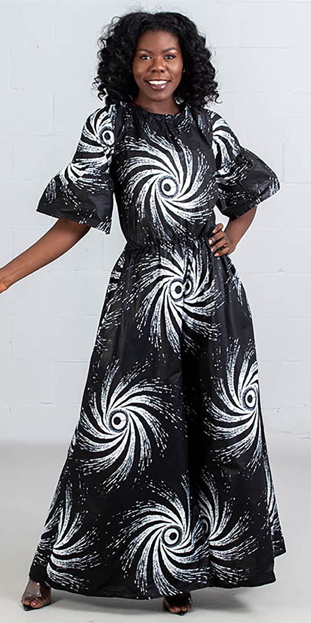 KaraChic 7209-443 - Black White Swirl Print Flare Sleeve Jumpsuit
