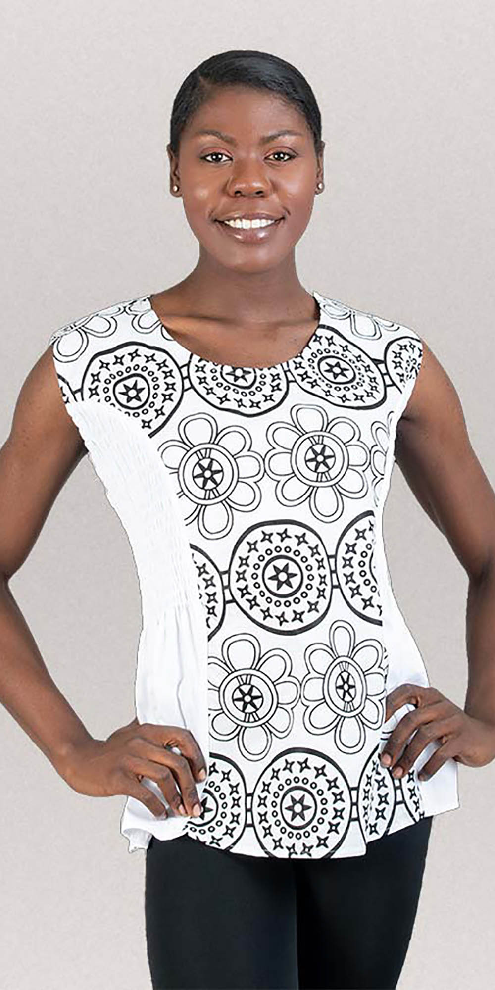 KaraChic 7236-WhiteBlack - African Style Print Womens Sleeveless Top