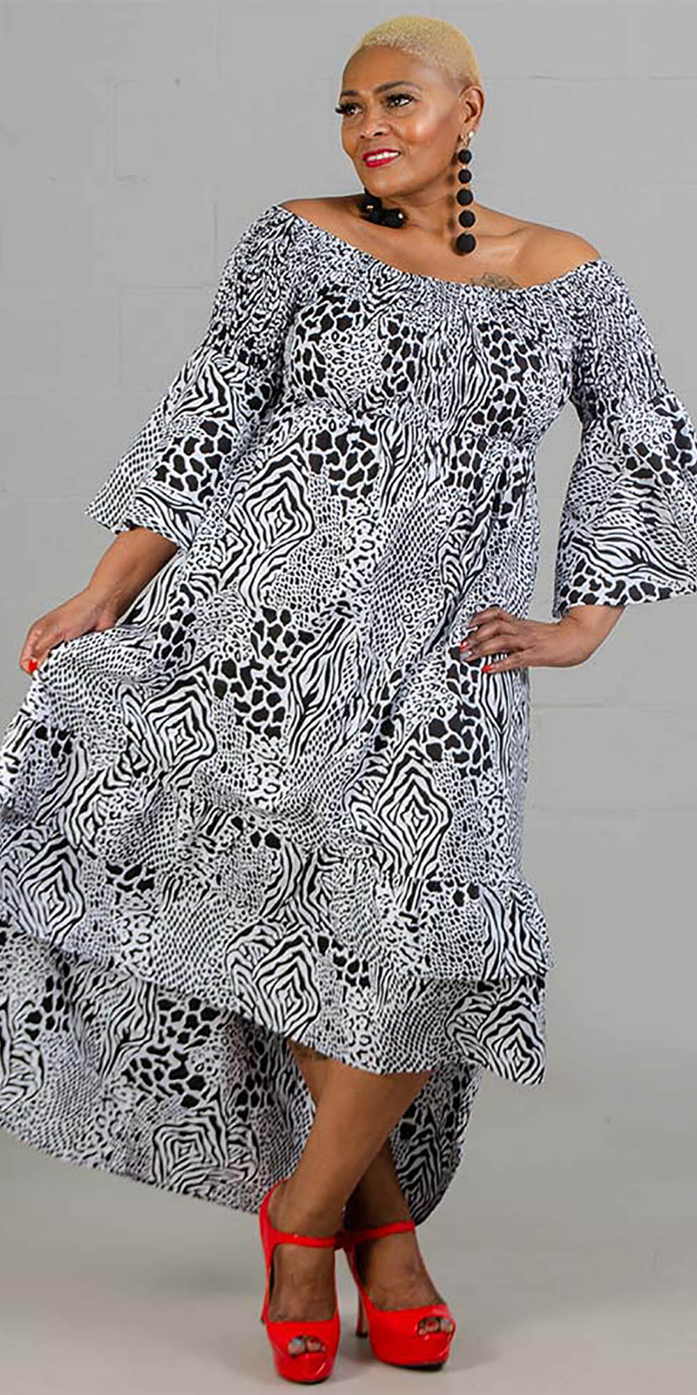 KaraChic 7552-Black White - Womens Bell Sleeve High-Low Smocked Dress In Print Design