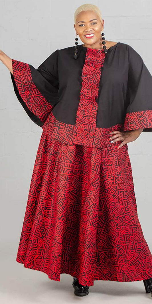 KaraChic 7558-RedBlack - Womens Poncho Style Top With African Inspired Print Border