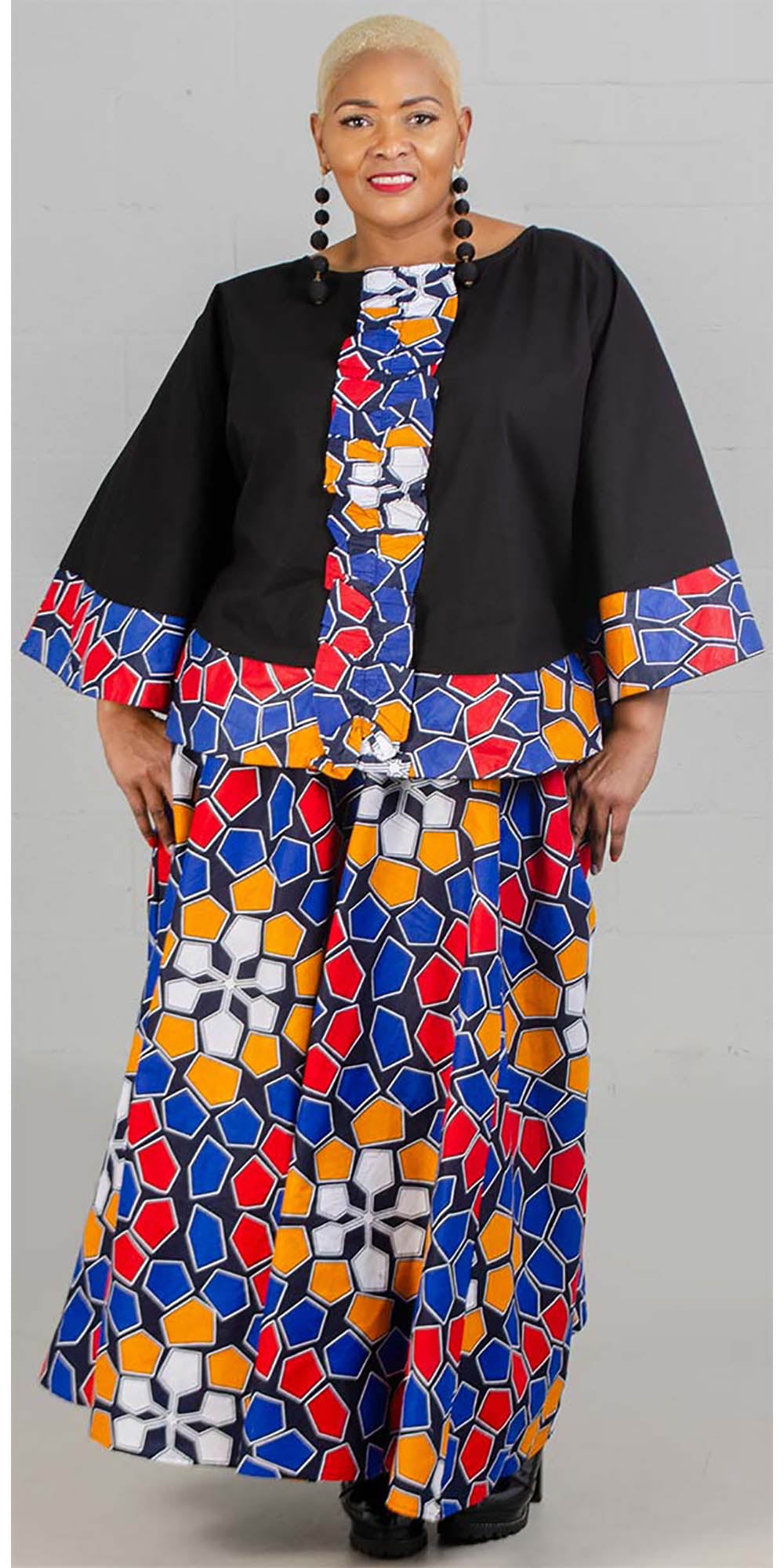 KaraChic 7558-RedBlueYellow - Womens Poncho Style Top With African Inspired Print Border