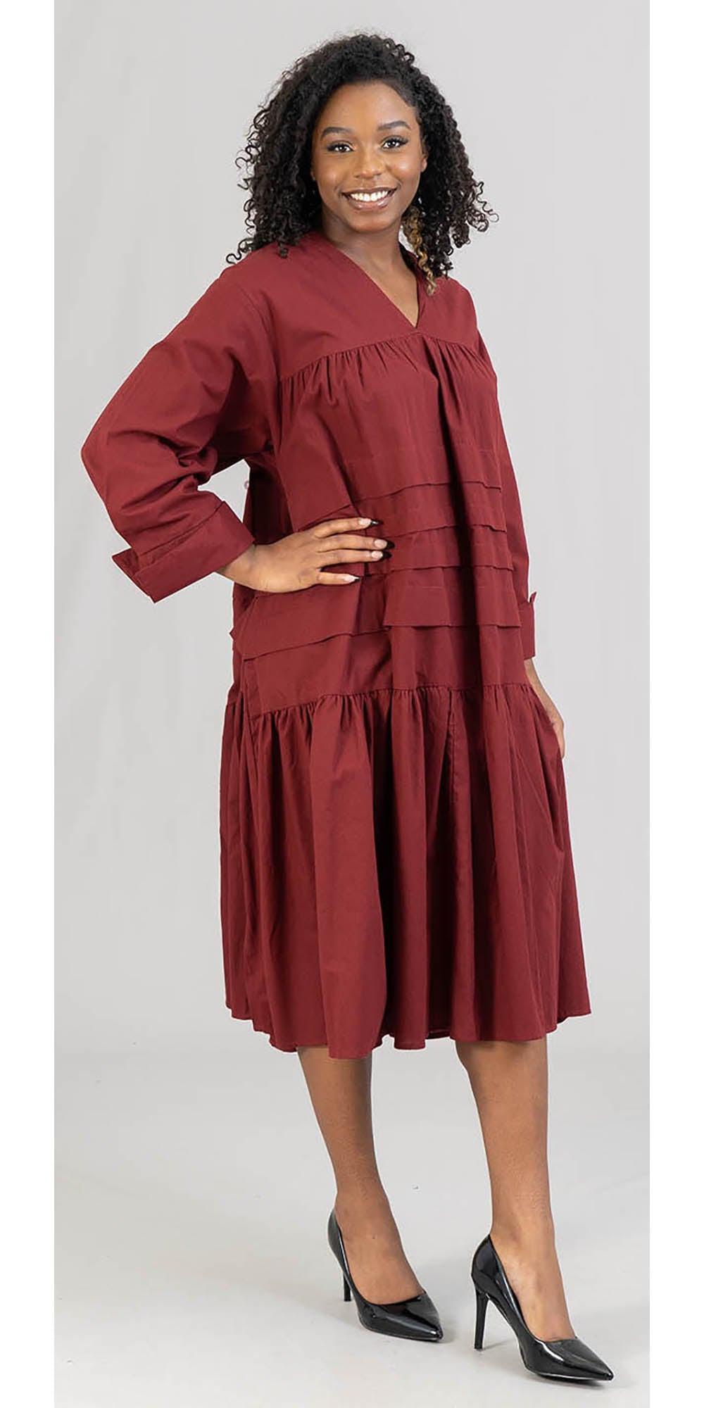 KaraChic 7580S - Burgundy - Womens Cuff-Sleeve Tiered Tunic Dress