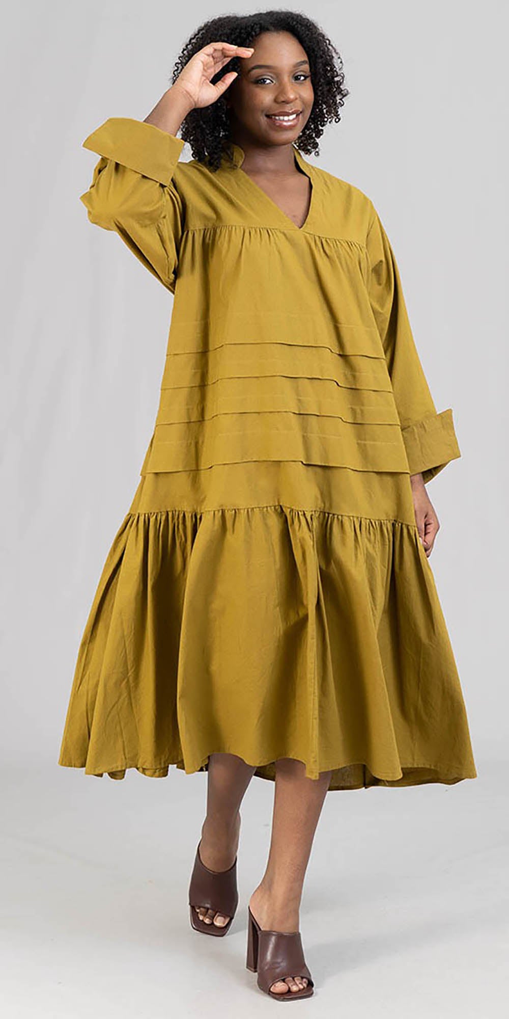 KaraChic 7580S - Olive - Womens Cuff-Sleeve Tiered Tunic Dress
