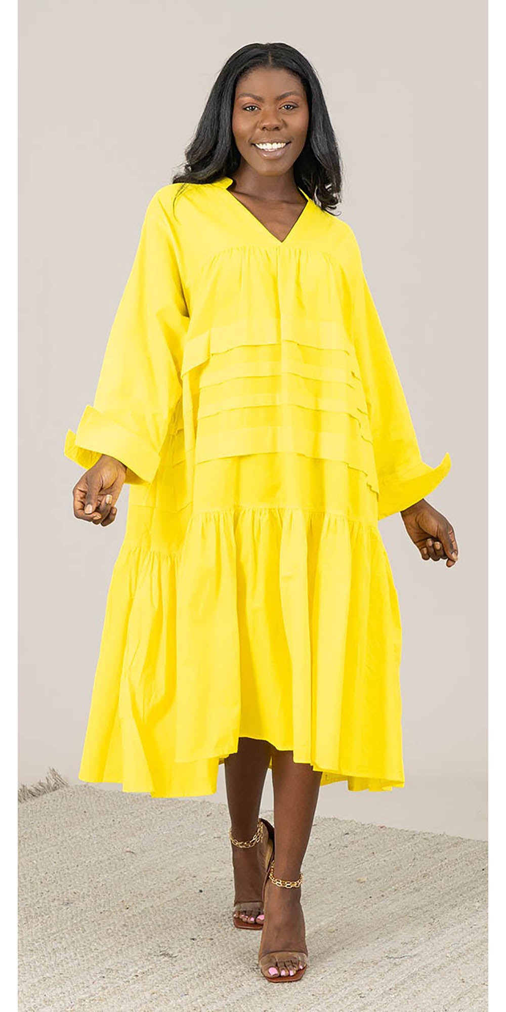 KaraChic 7580S - Yellow - Womens Cuff-Sleeve Tiered Tunic Dress