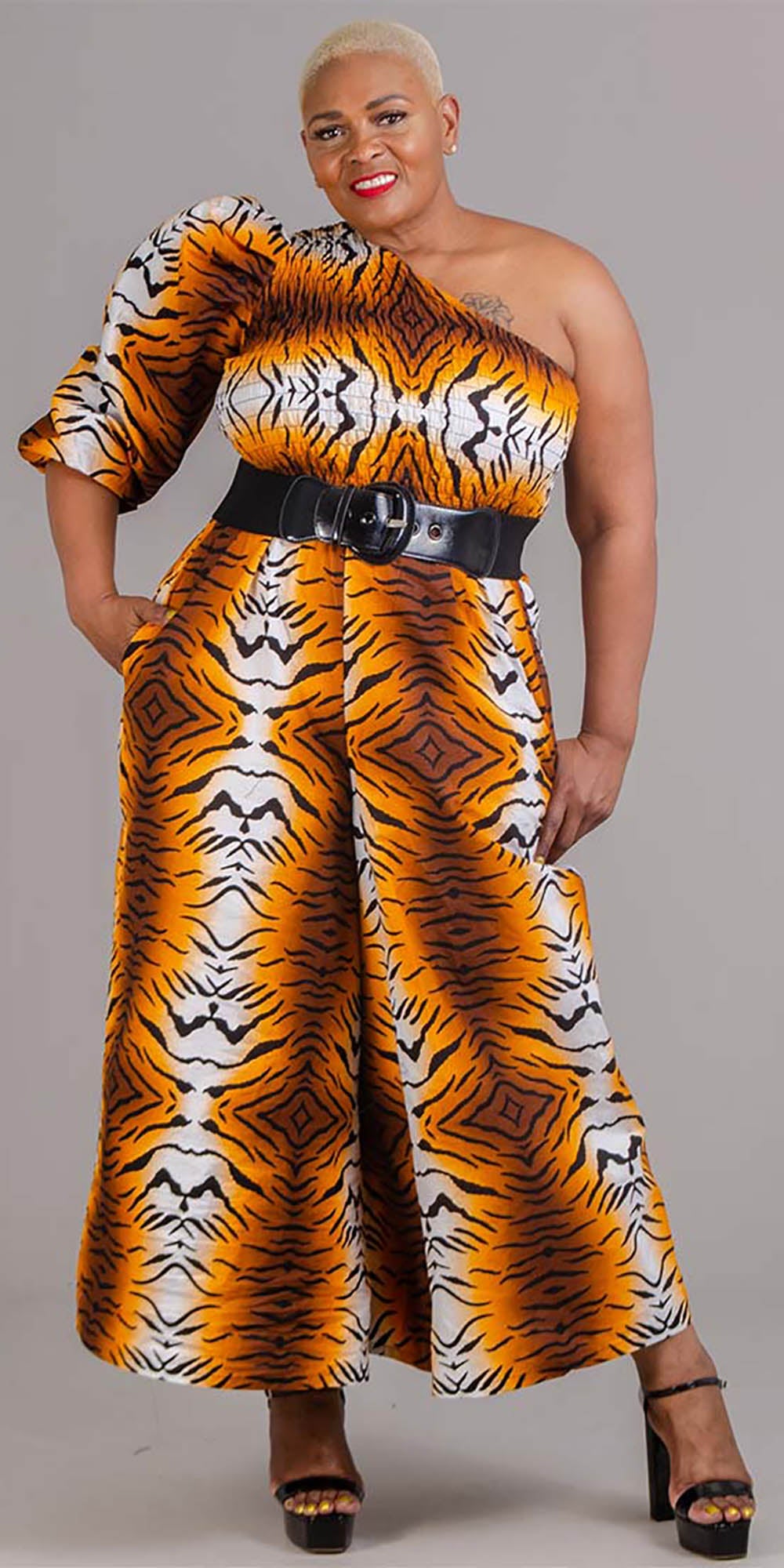KaraChic 7616 - Womens One Shoulder Style Smocked Jumpsuit In African Inspired Print