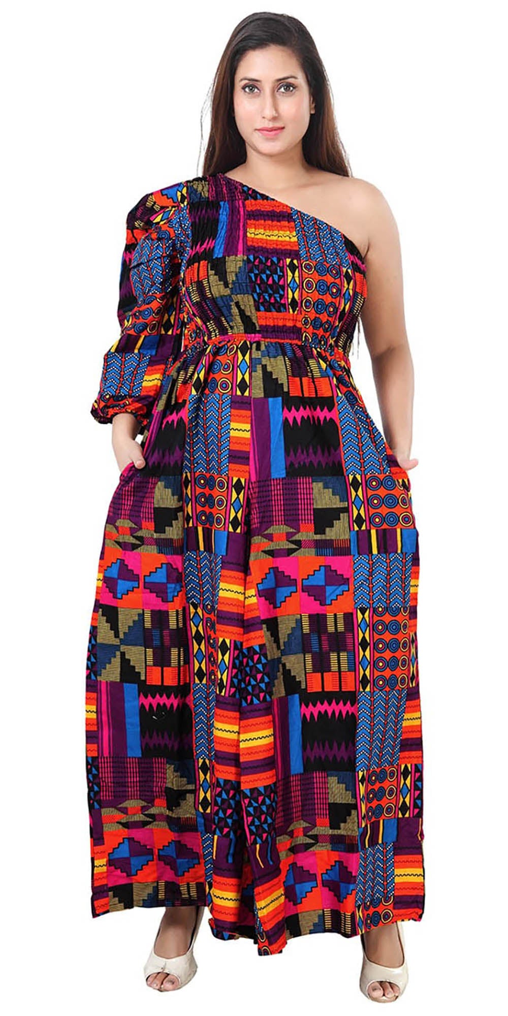 KaraChic 7616 - 550 -Womens One Shoulder Style Smocked Jumpsuit In African Inspired Print