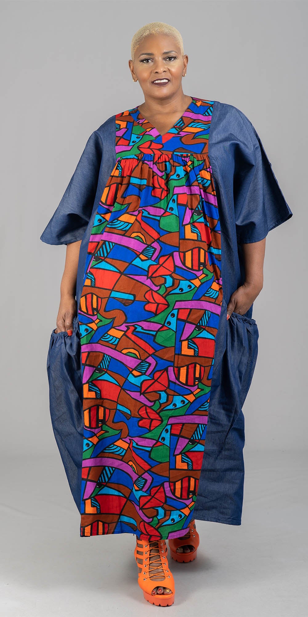 KaraChic 7650D - Womens Wide Sleeve Denim Dress In African Style Print