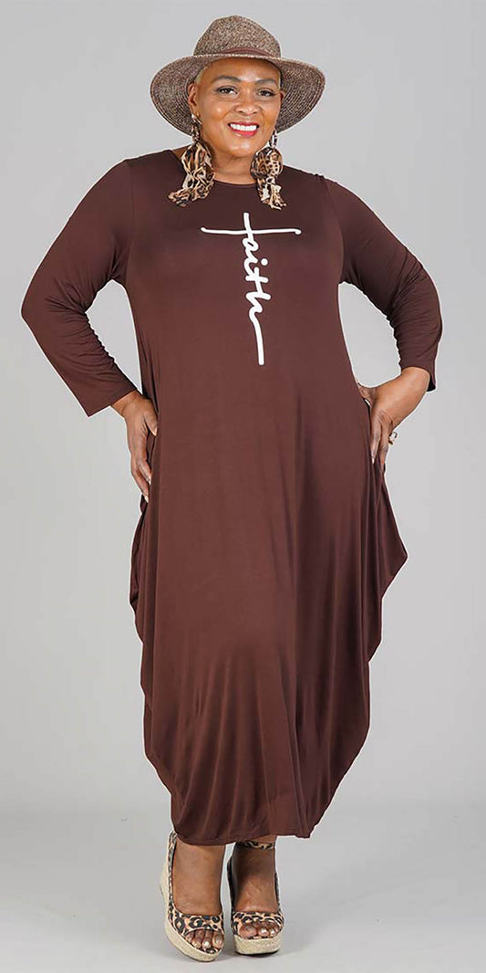 KaraChic CHH20022-Chocolate - Faith Print Design Womens Long Sleeve Knit Maxi Dress