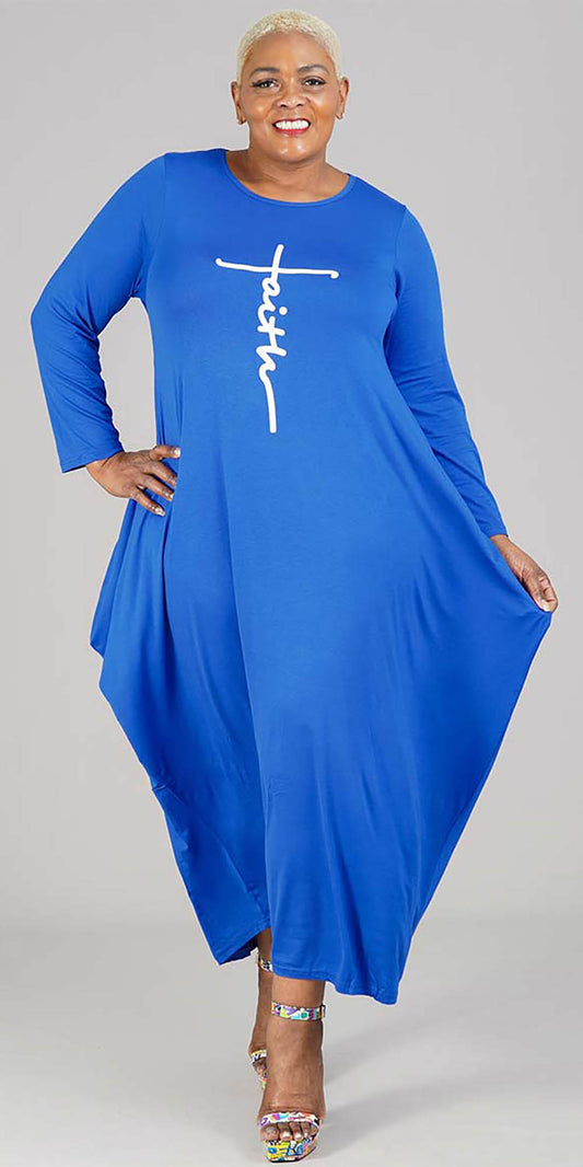 KaraChic CHH20022-Royal - Faith Print Design Womens Long Sleeve Knit Maxi Dress