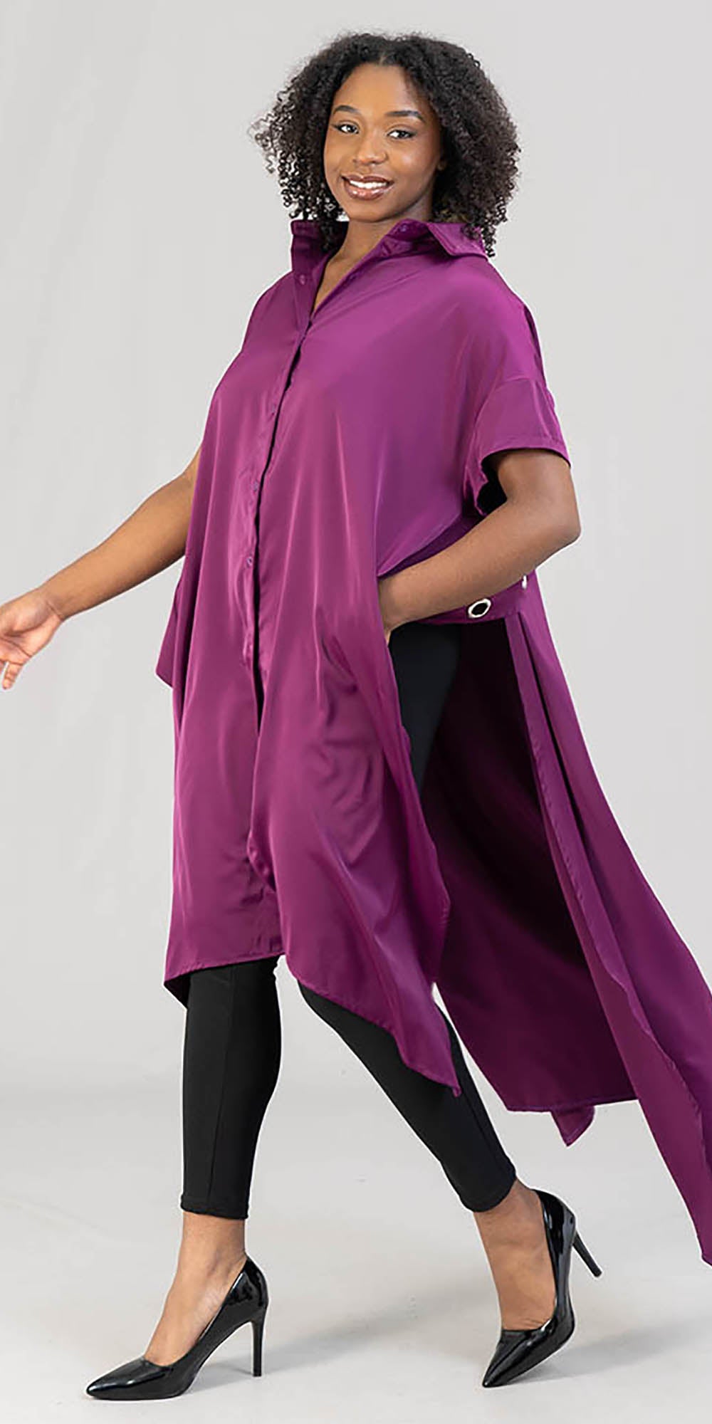 KaraChic CHH21028SS-Eggplant - Womens Short Sleeve Trench-Back Style Button-Front Duster With Grommets