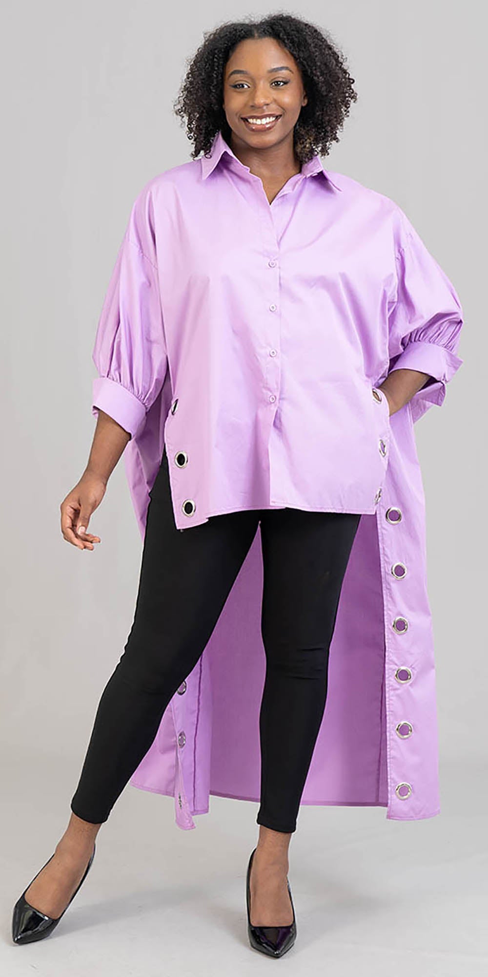 KaraChic CHH21029-Lilac- Womens Hi-Lo Style Button-Front Tunic With Grommets