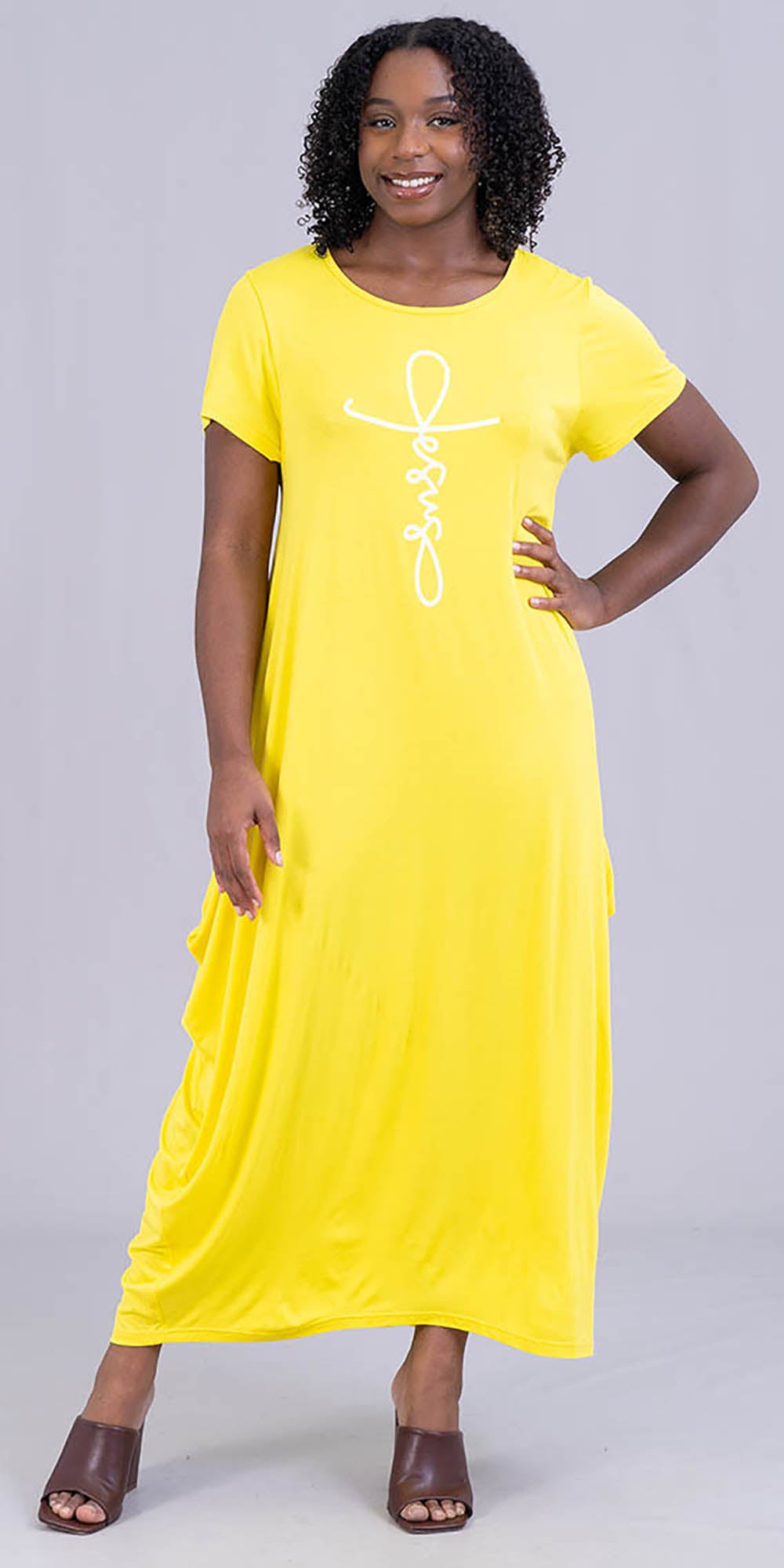 KaraChic CHH21045SS - Yellow - Jesus Print Short Sleeve Knit Maxi Dress