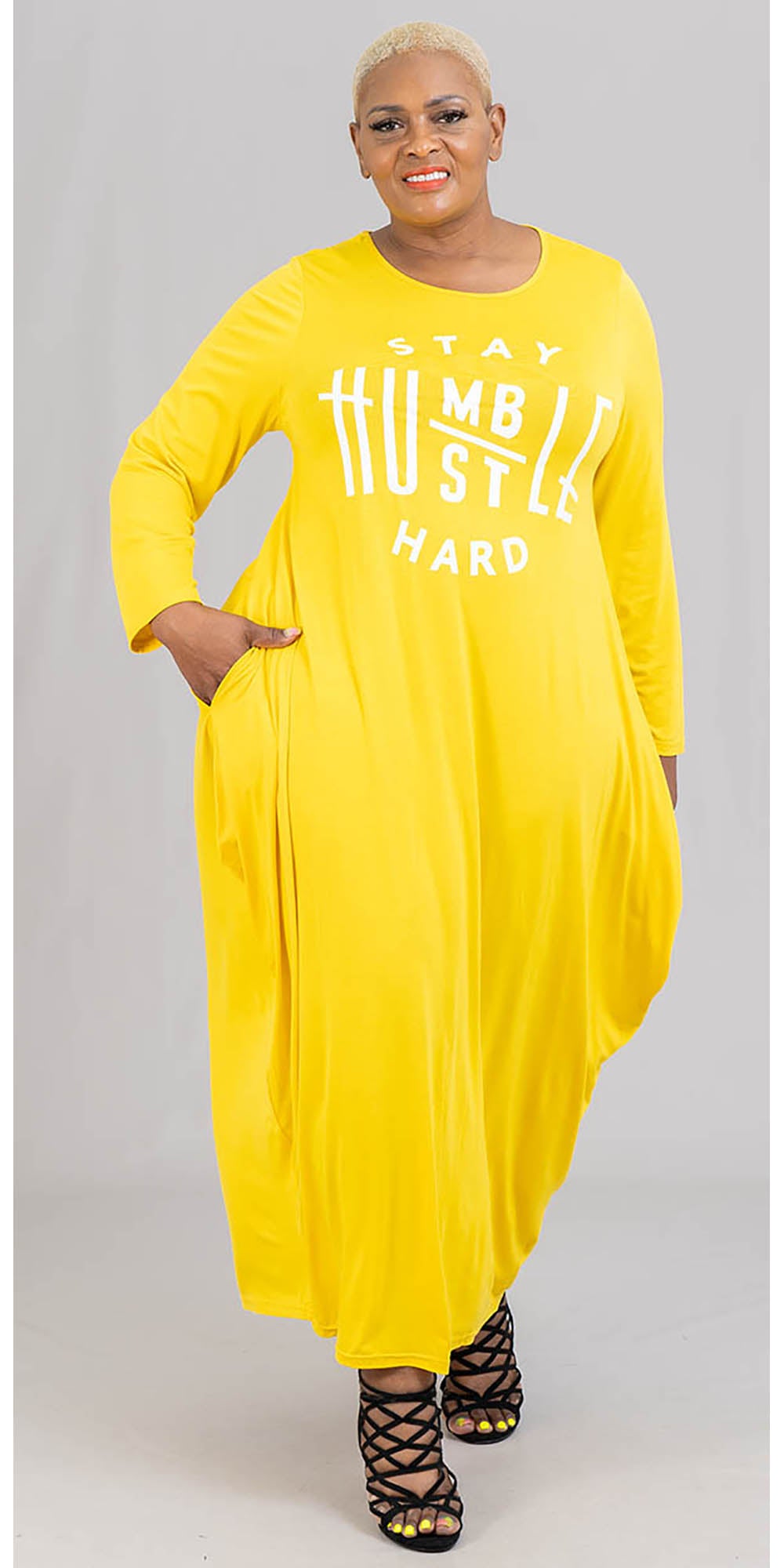 KaraChic CHH21065 - Stay Humble Print Graphic Long Sleeve Maxi Dress