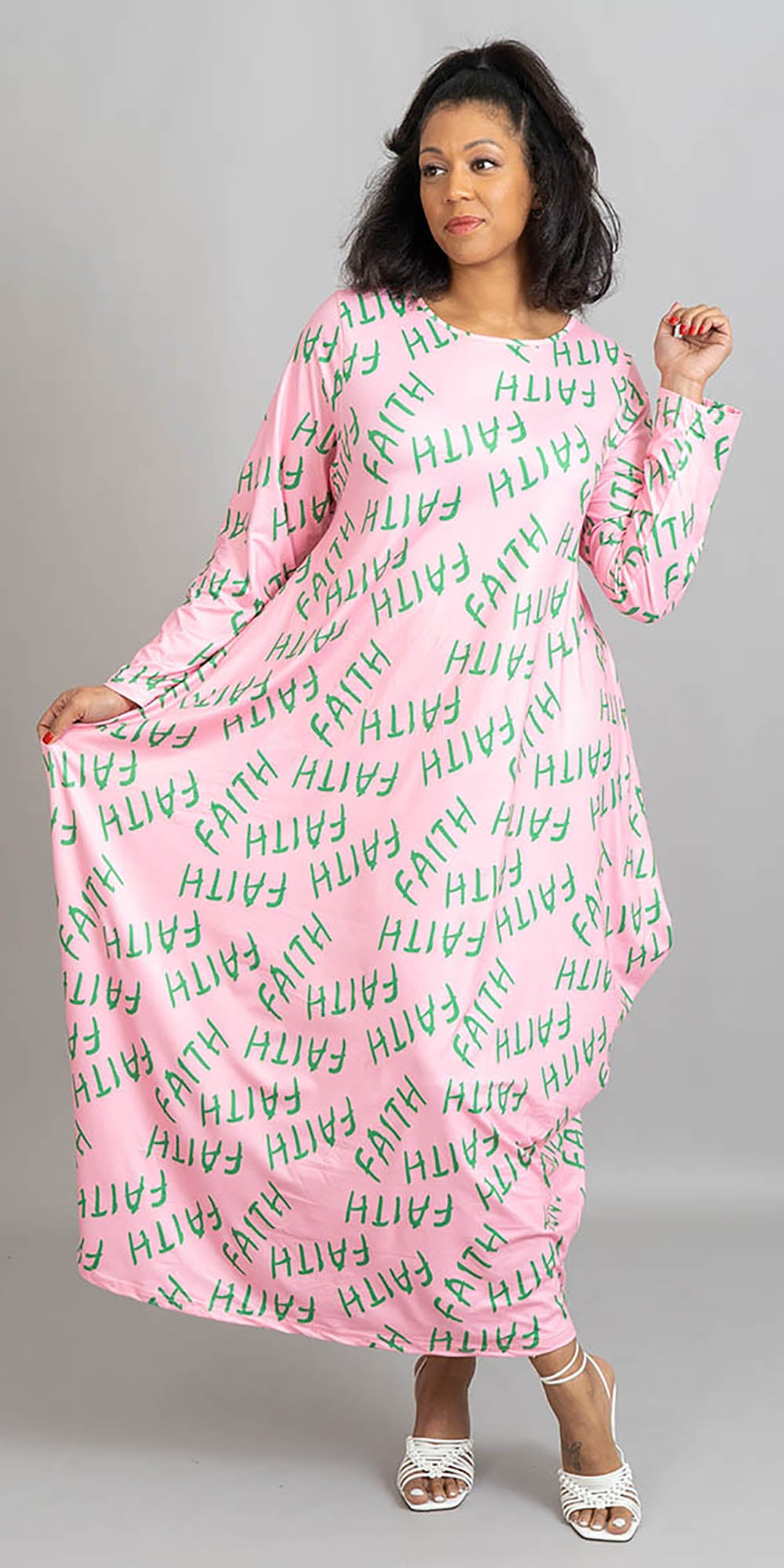 KaraChic - CHH22112 - Pink Green Faith Print Knit Maxi Dress