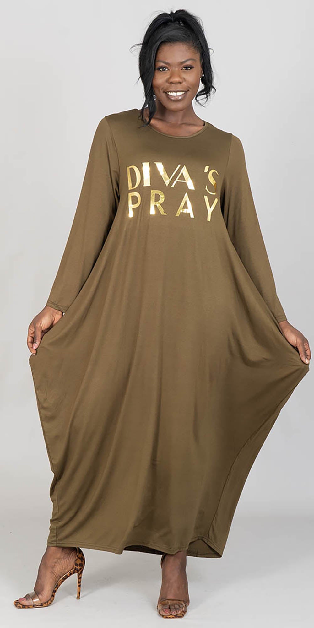 KaraChic - CHH22116 - Olive Gold - Divas Pray Print Knit Maxi Dress