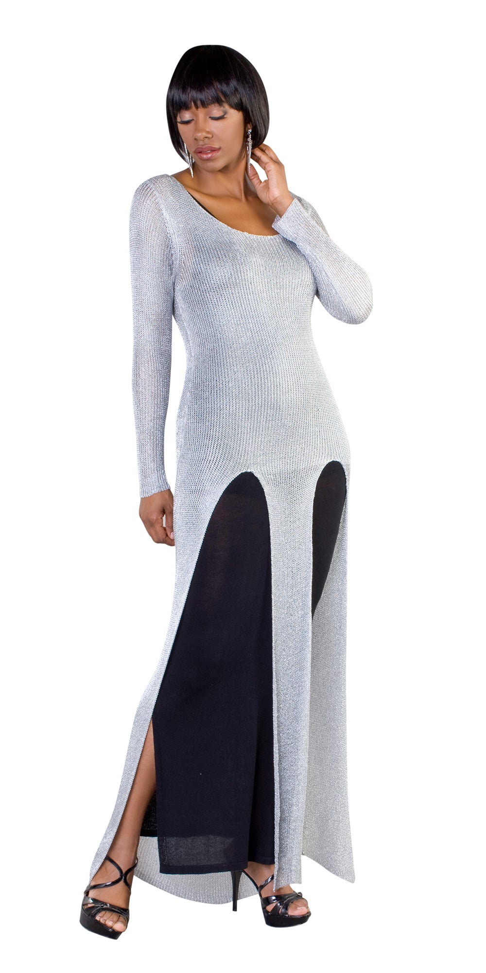 Kayla 5165 - Silver Knit Dress In Metallic Fabric With Tank Beneath
