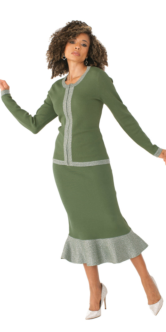 Kayla 5305 - Olive Silver - Knit Jacket and Skirt Set with Embellishment Trims