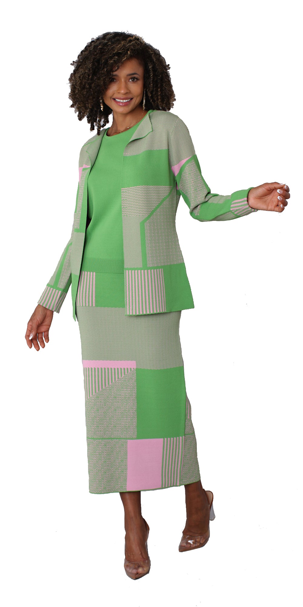 Kayla 5309 - Pink Green - 3 PC Knit Jacket, Cami and Skirt Set