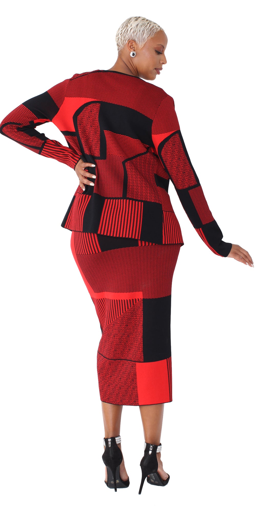 Kayla 5309 - Red Black - 3 PC Knit Jacket, Cami and Skirt Set