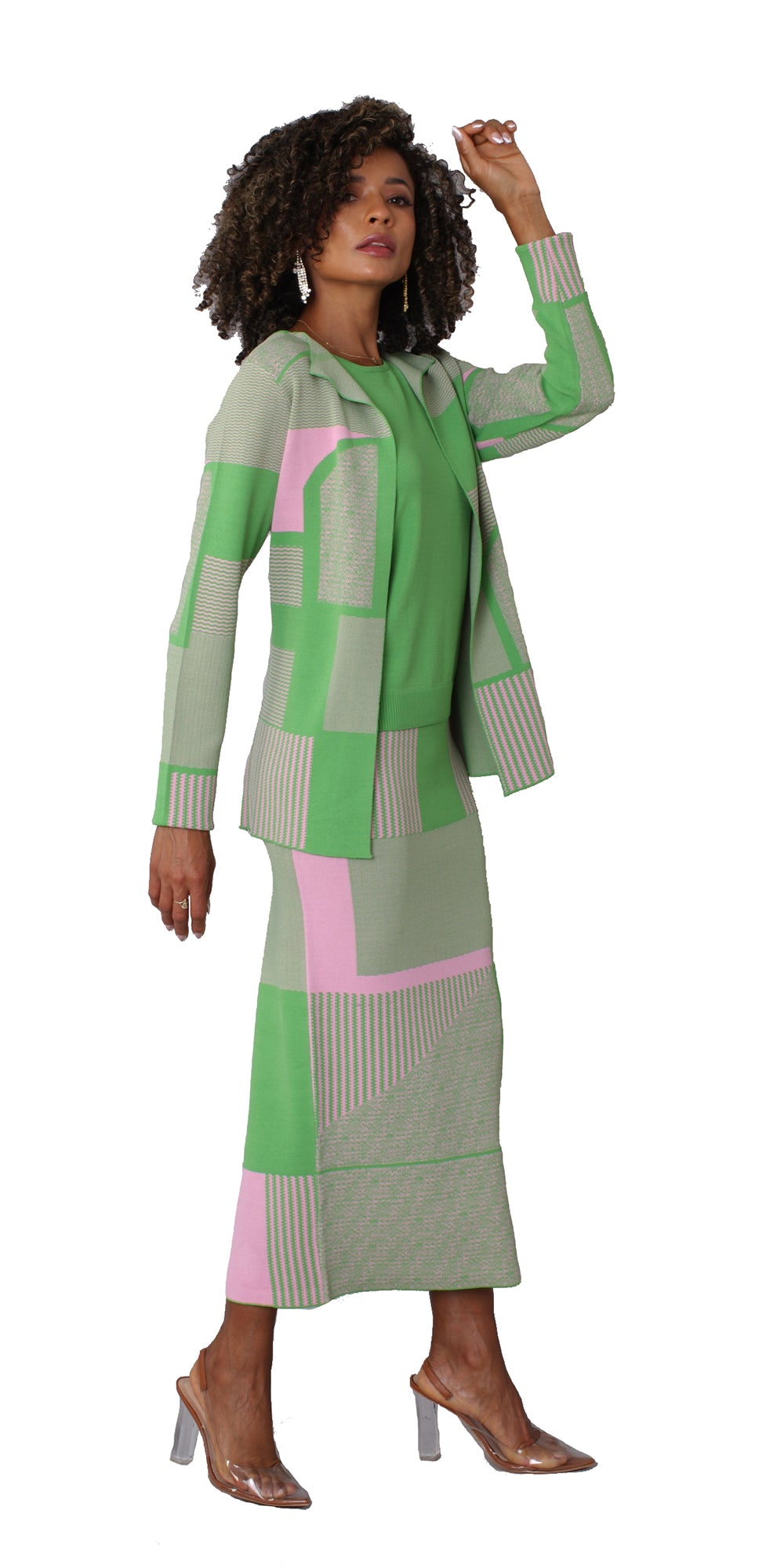 Kayla 5309 - Pink Green - 3 PC Knit Jacket, Cami and Skirt Set