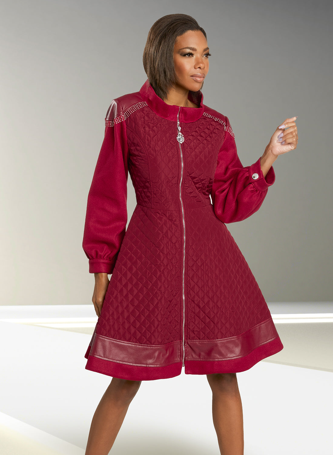 Love The Queen 17402 - Quilted Fabric Coat Dress with Faux Leather, Crepe and Rhinestone Accents