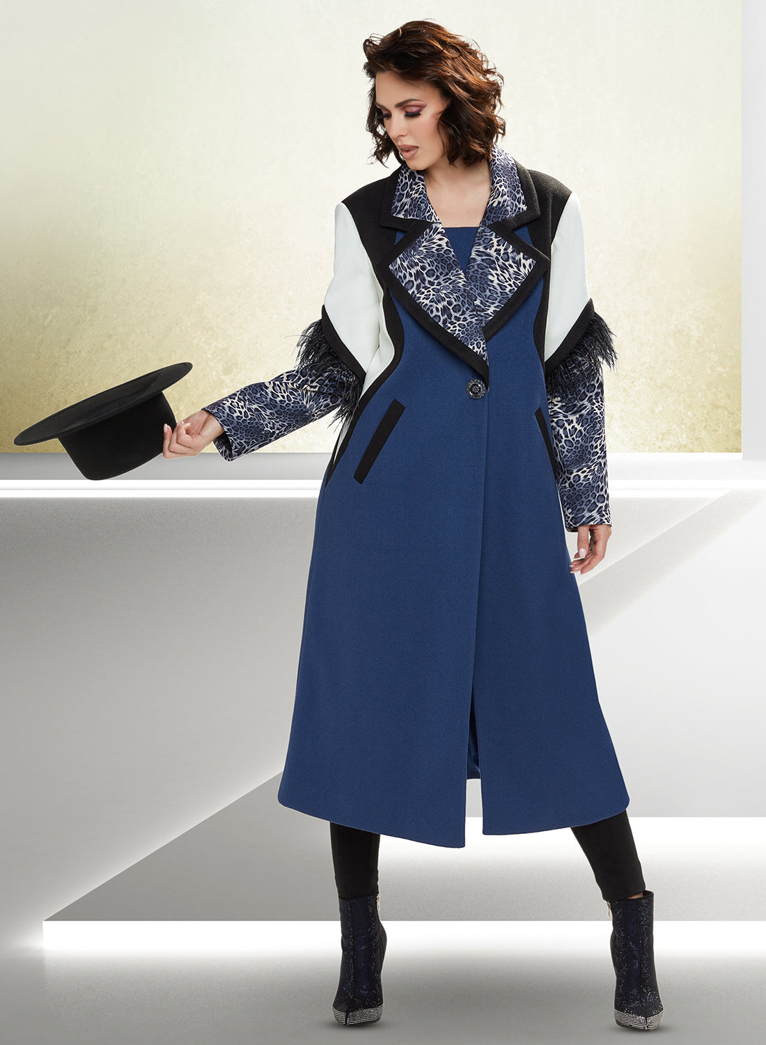 Love The Queen 17426 - Crepe Fabric Coat with Animal Print Trim and Feathers
