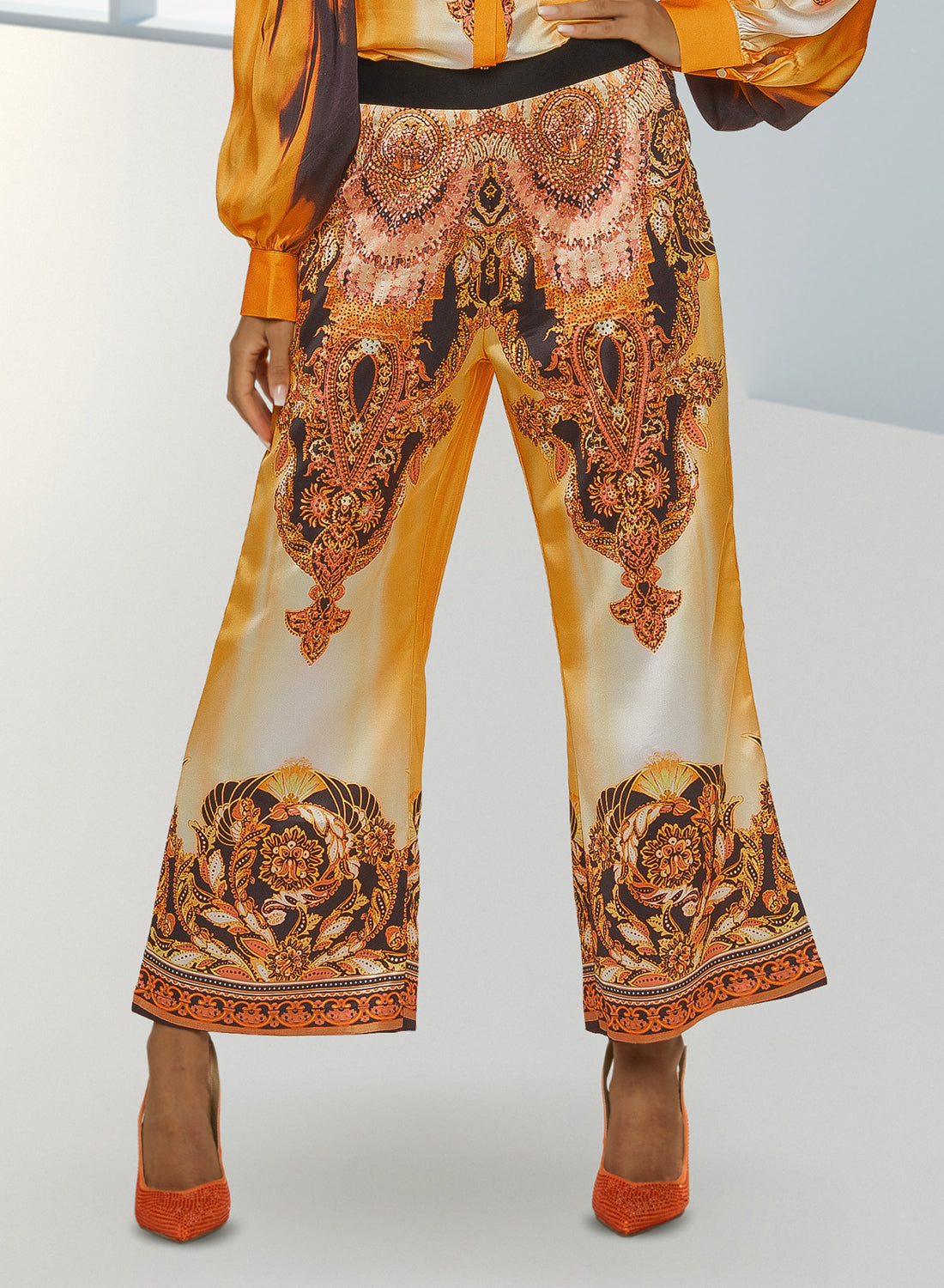 Love The Queen 17437P - Satin Print Pants with Rhinestone Details
