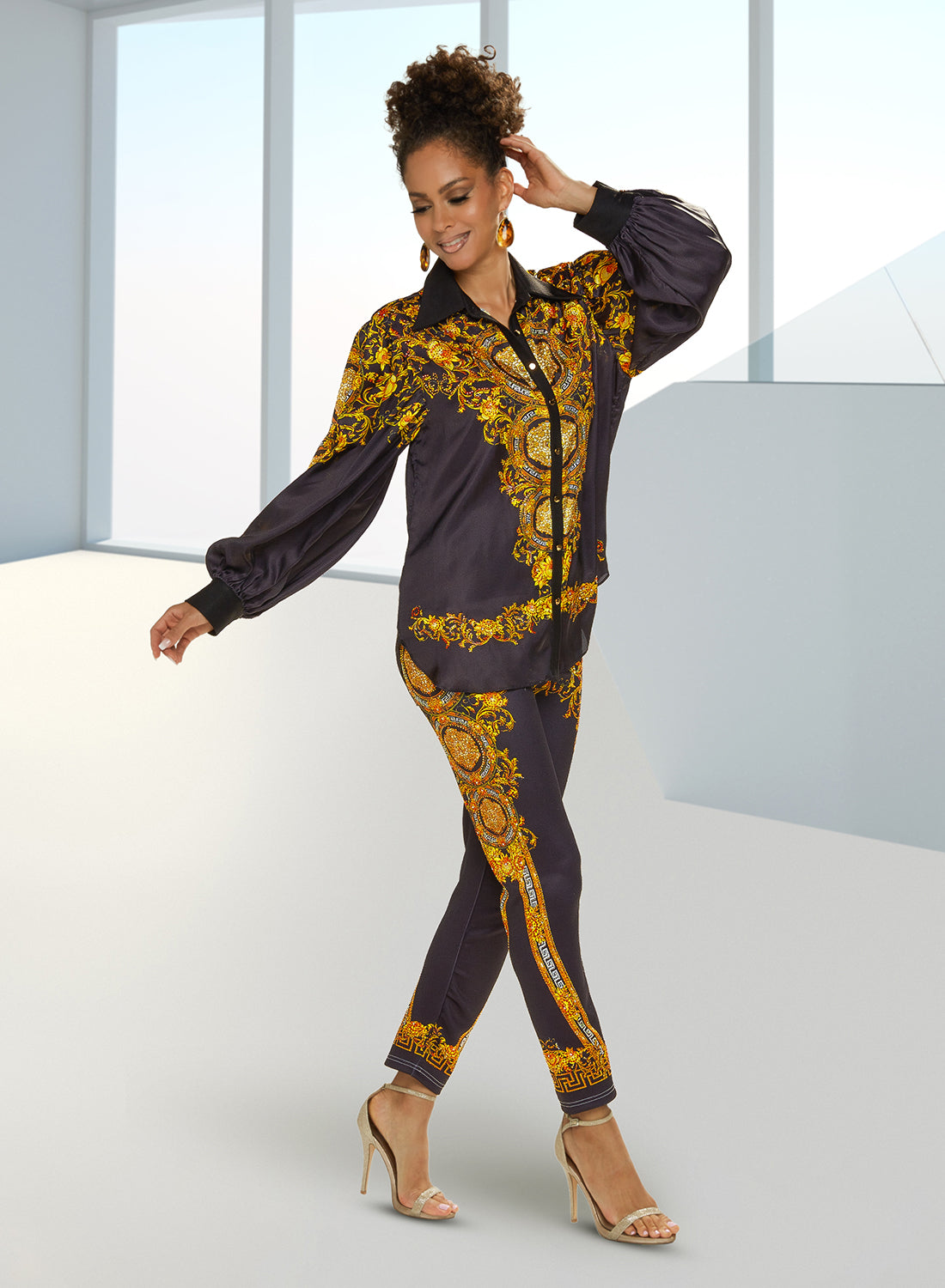 Love The Queen 17440P- Scuba Print Pants with Rhinestone Details