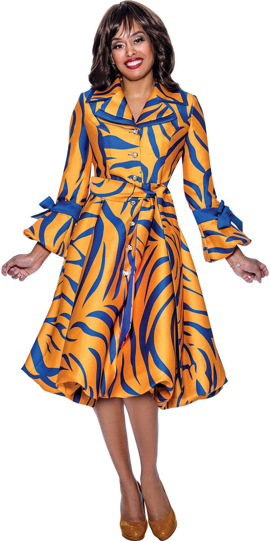 Nubiano Dresses DN1771 - Royal/Gold Print Button Front Dress with Sash Tie