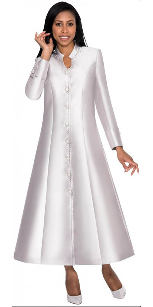 Nubiano Dresses DN 5881 - White Church Dress/Robe with Button Front and Jewel Trim