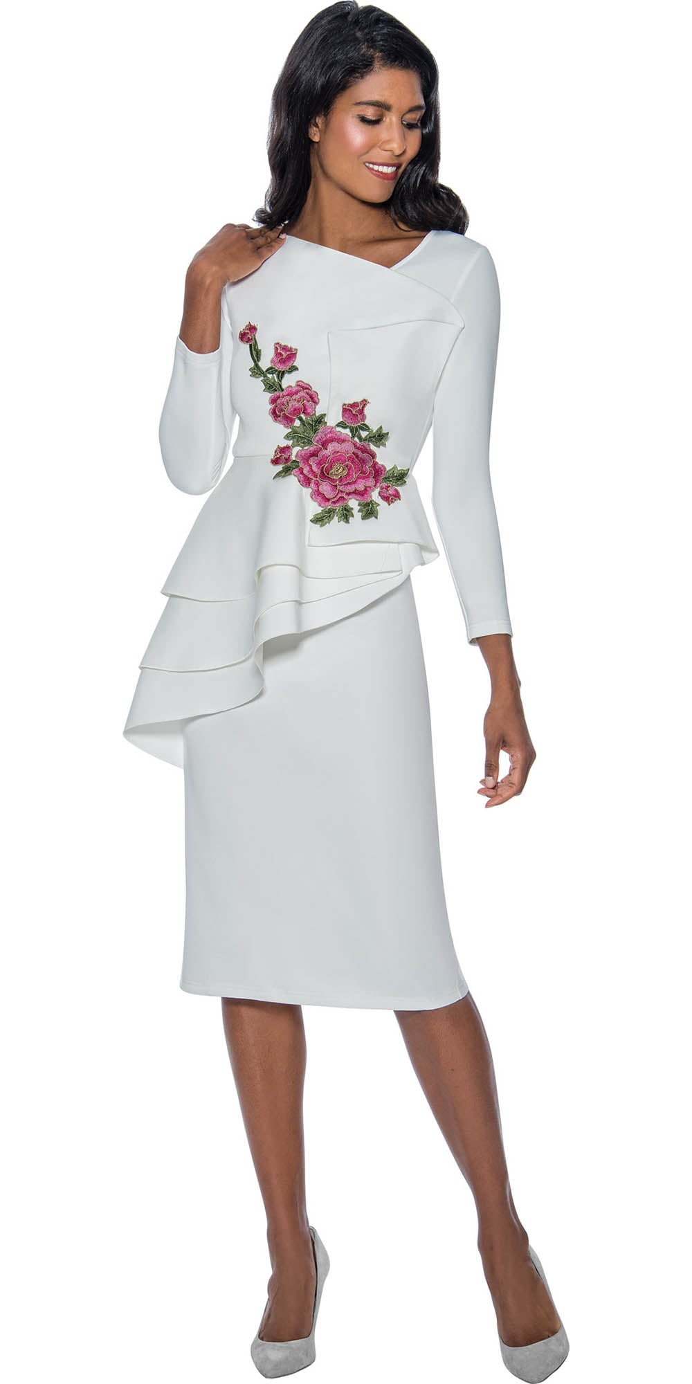 Nubiano Dresses DN771 - Asymmetric Layered Peplum Dress with Floral Detailing