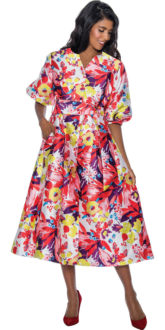 Nubiano Dresses DN851 -  Floral Print Dress with Button Front & Sash Belt