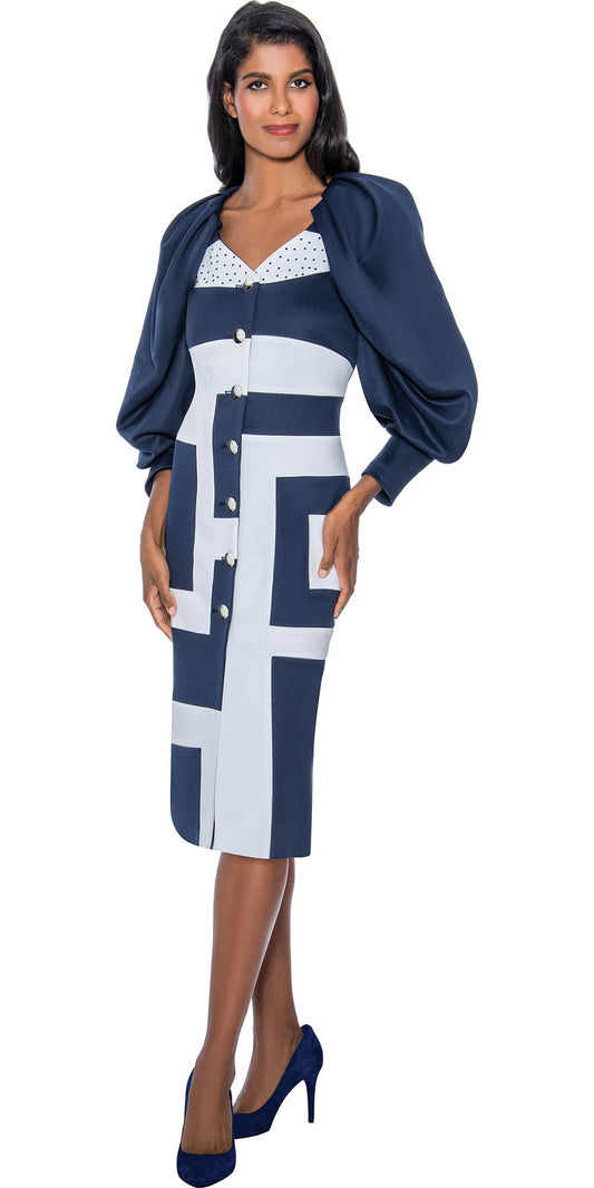 Nubiano Dresses DN891 - Navy Color Block Button Front Dress