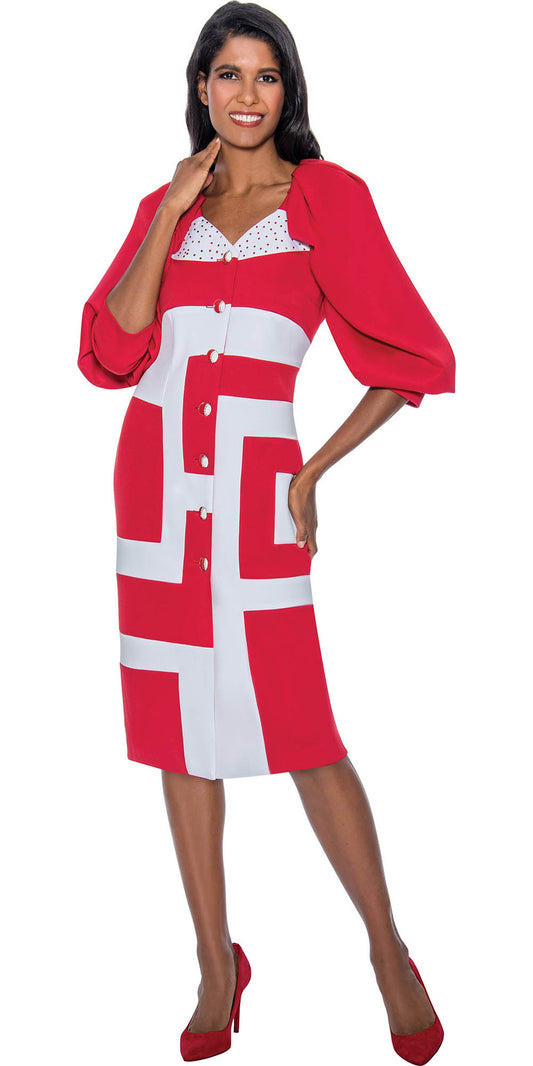 Nubiano Dresses DN891 - Red Color Block Button Front Dress